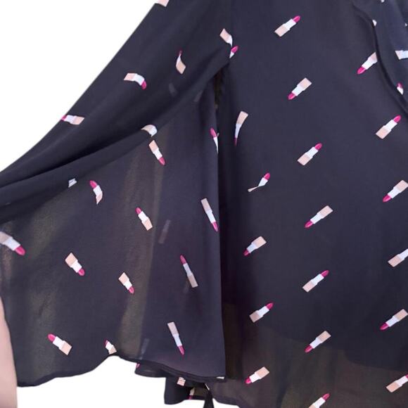 Black Sheer Button Up Blouse with Pink Lipstick Print Flowy Sleeve Trendy Top - Picture 3 of 5